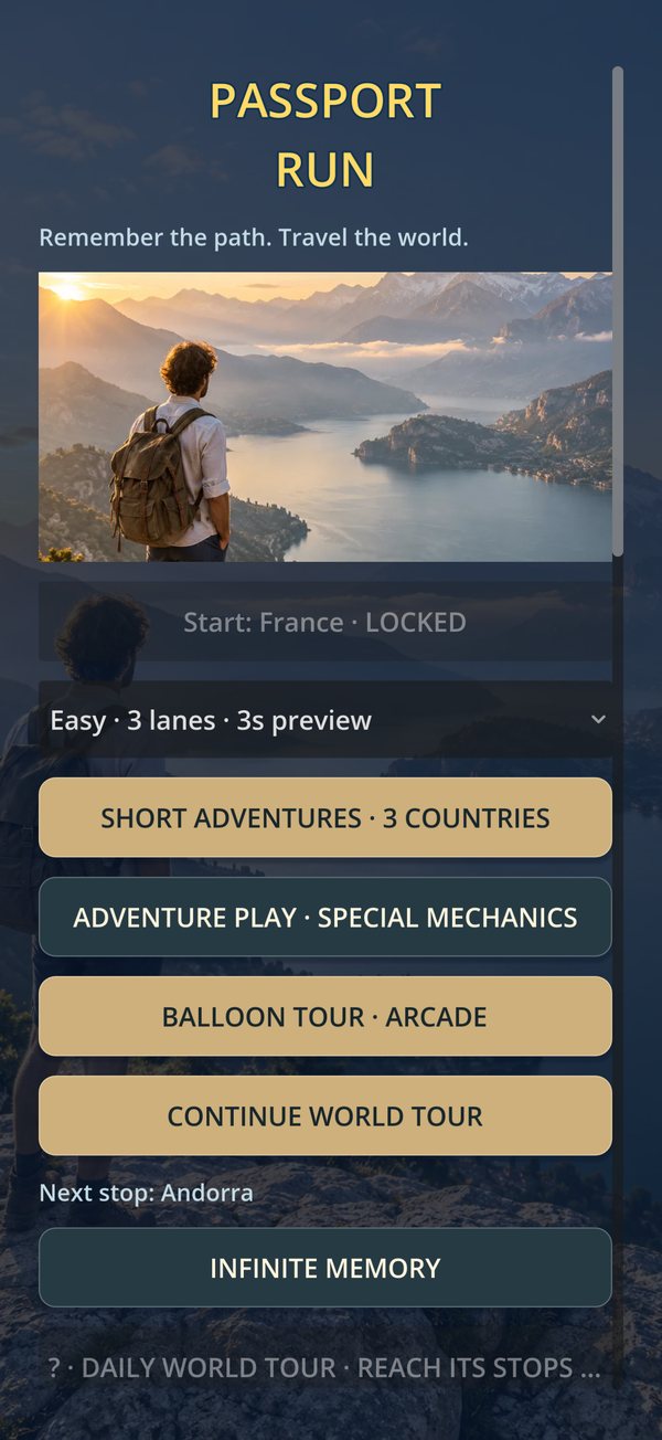 The Passport Run main menu
